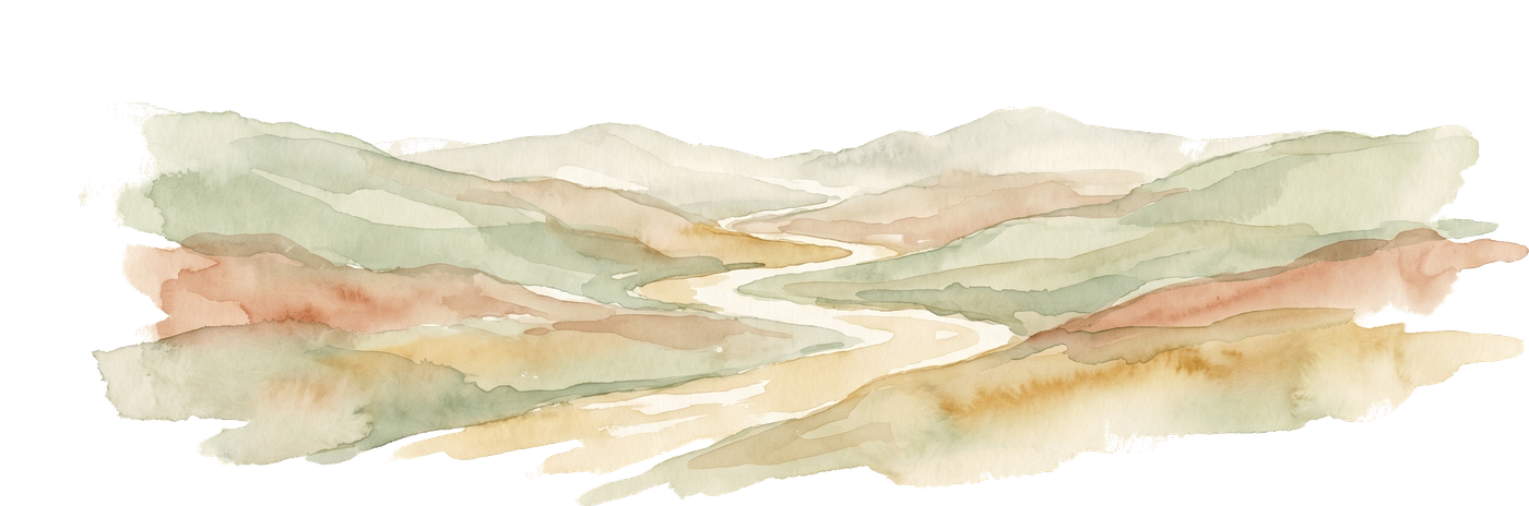 Aquarela do Vale — colinas e um lago ao entardecer